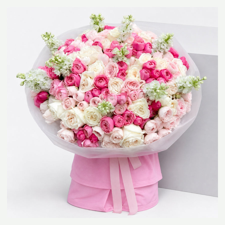 Blush Garden Melody with blush garden roses, pink spray roses, white roses, and white snapdragons styled as a beautiful hand-tied bouquet in premium matte wrapping. 