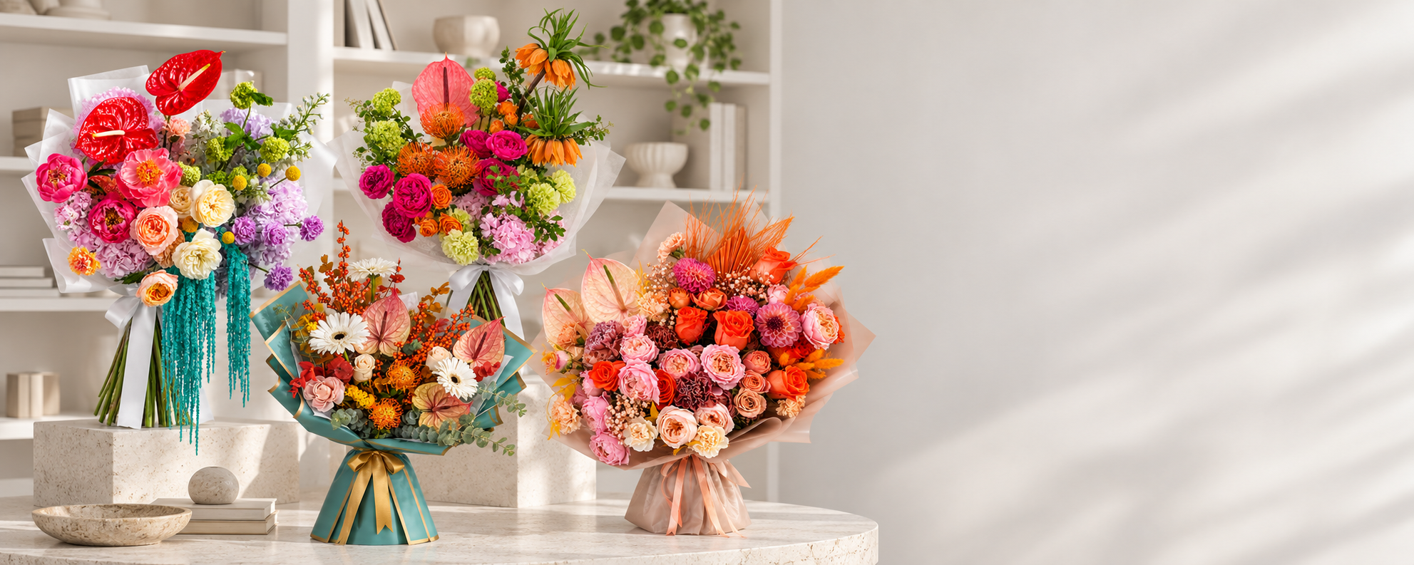 Electric Bloom, Apricot Atelier, Sunset Garden and Coral Sunset bouquets